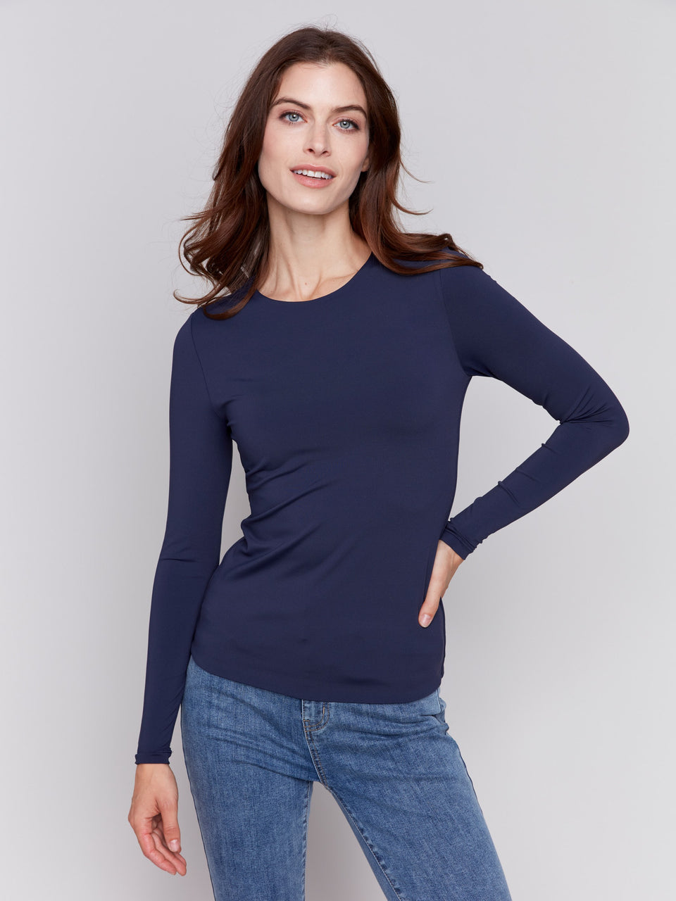 Charlie B Long Sleeve Crew Neck Double Cloth Top