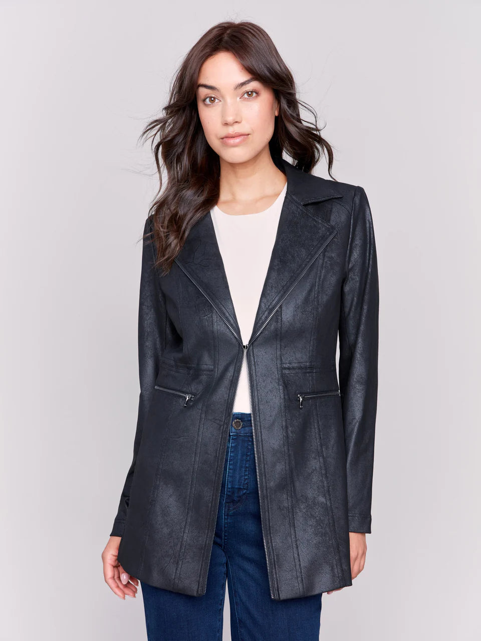 Charlie B Long Faux Suede Moto Jacket With Zipper