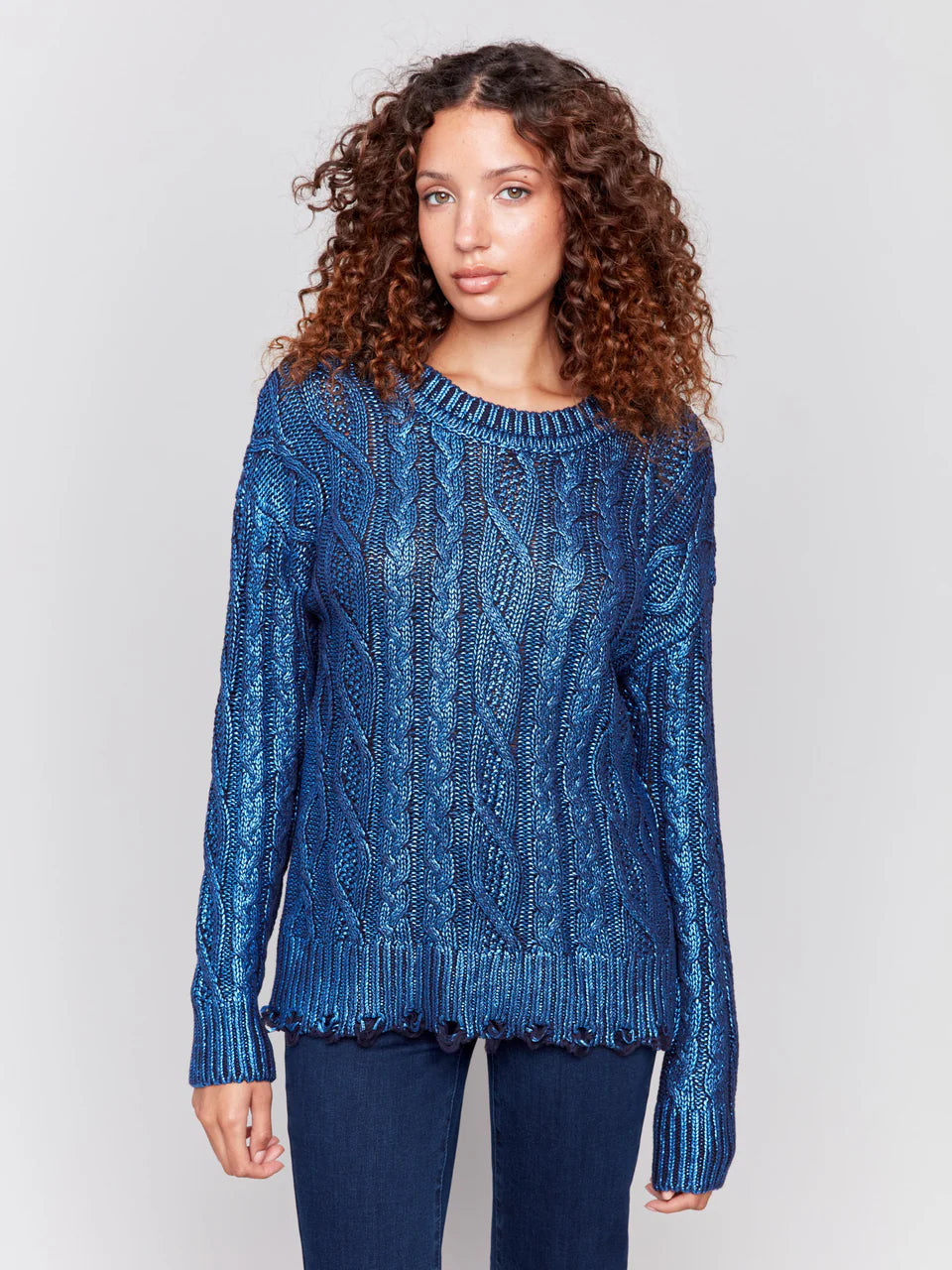 Charlie B Metallic Cable Knit Sweater with Distressed Hem