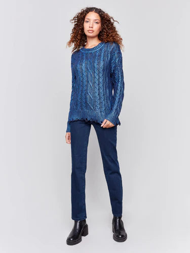 Charlie B Metallic Cable Knit Sweater with Distressed Hem