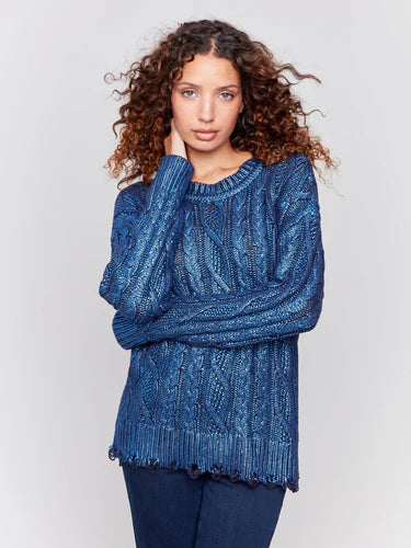 Charlie B Metallic Cable Knit Sweater with Distressed Hem