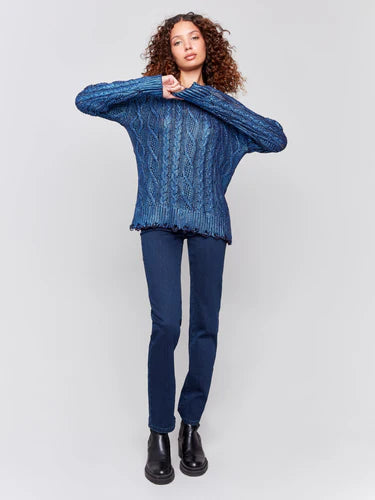 Charlie B Metallic Cable Knit Sweater with Distressed Hem