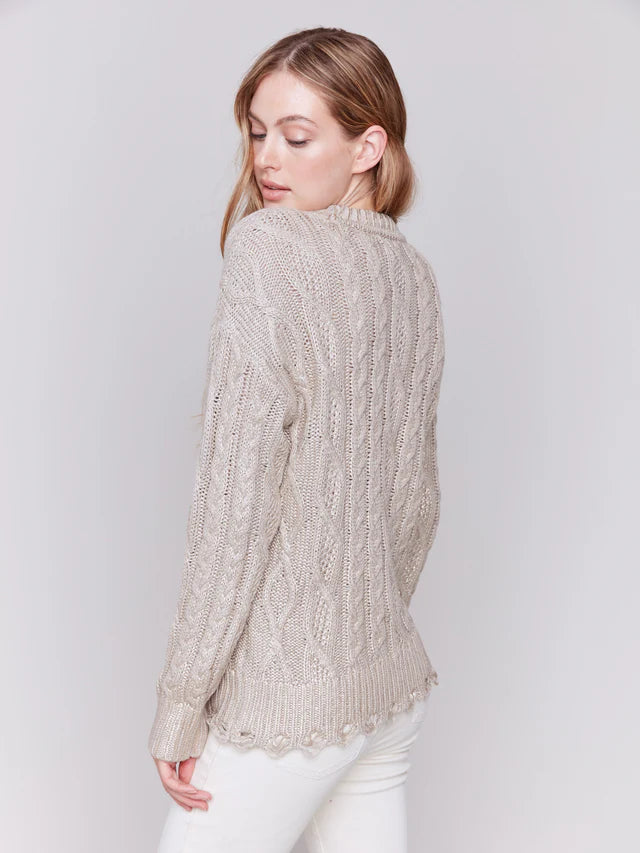 Charlie B Foiled Cable Knit Crew-Neck Sweater W/ Ditressed Hem