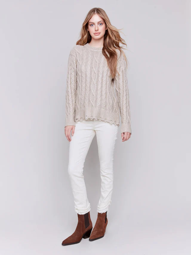 Charlie B Foiled Cable Knit Crew-Neck Sweater W/ Ditressed Hem