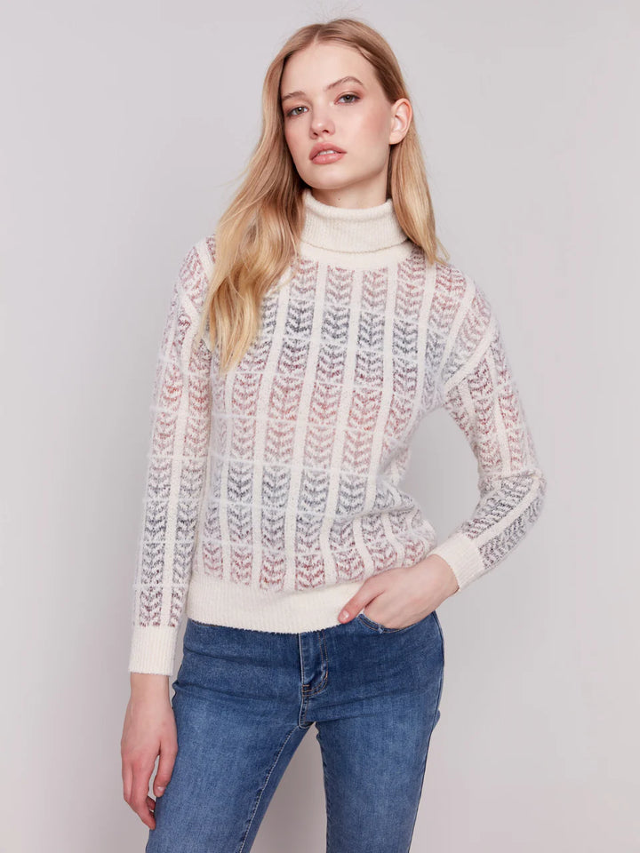 Charlie B Long Sleeve Jacaquard Knit Turtle Neck Sweater