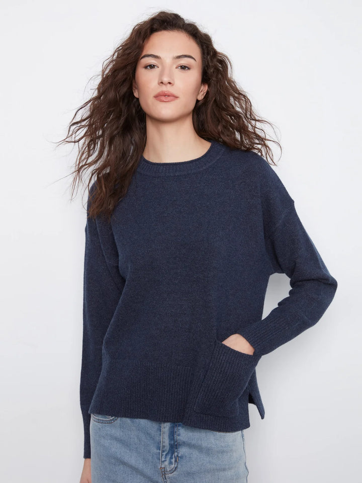 Charlie B Crew Neck Drop Shoulder Cropped Sweater with Pocket