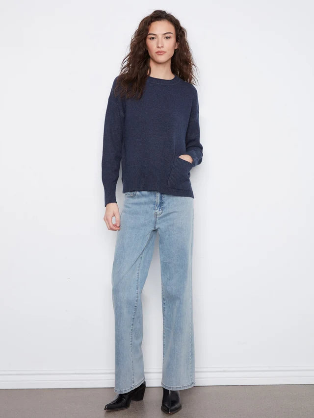 Charlie B Crew Neck Drop Shoulder Cropped Sweater with Pocket