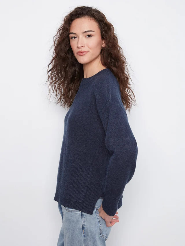 Charlie B Crew Neck Drop Shoulder Cropped Sweater with Pocket