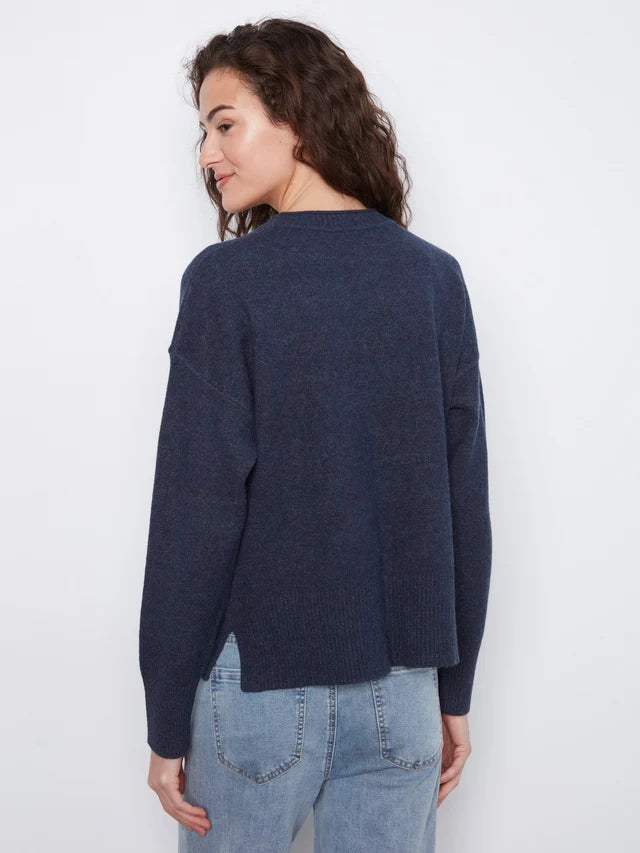 Charlie B Crew Neck Drop Shoulder Cropped Sweater with Pocket