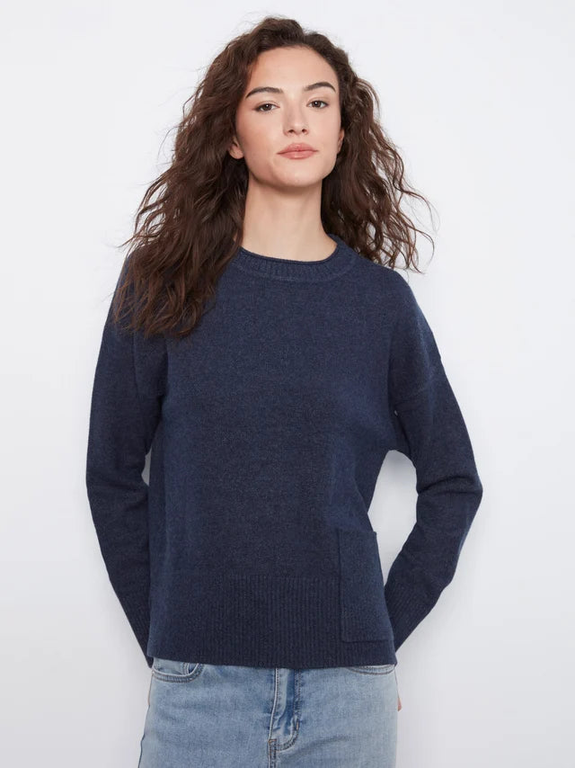 Charlie B Crew Neck Drop Shoulder Cropped Sweater with Pocket