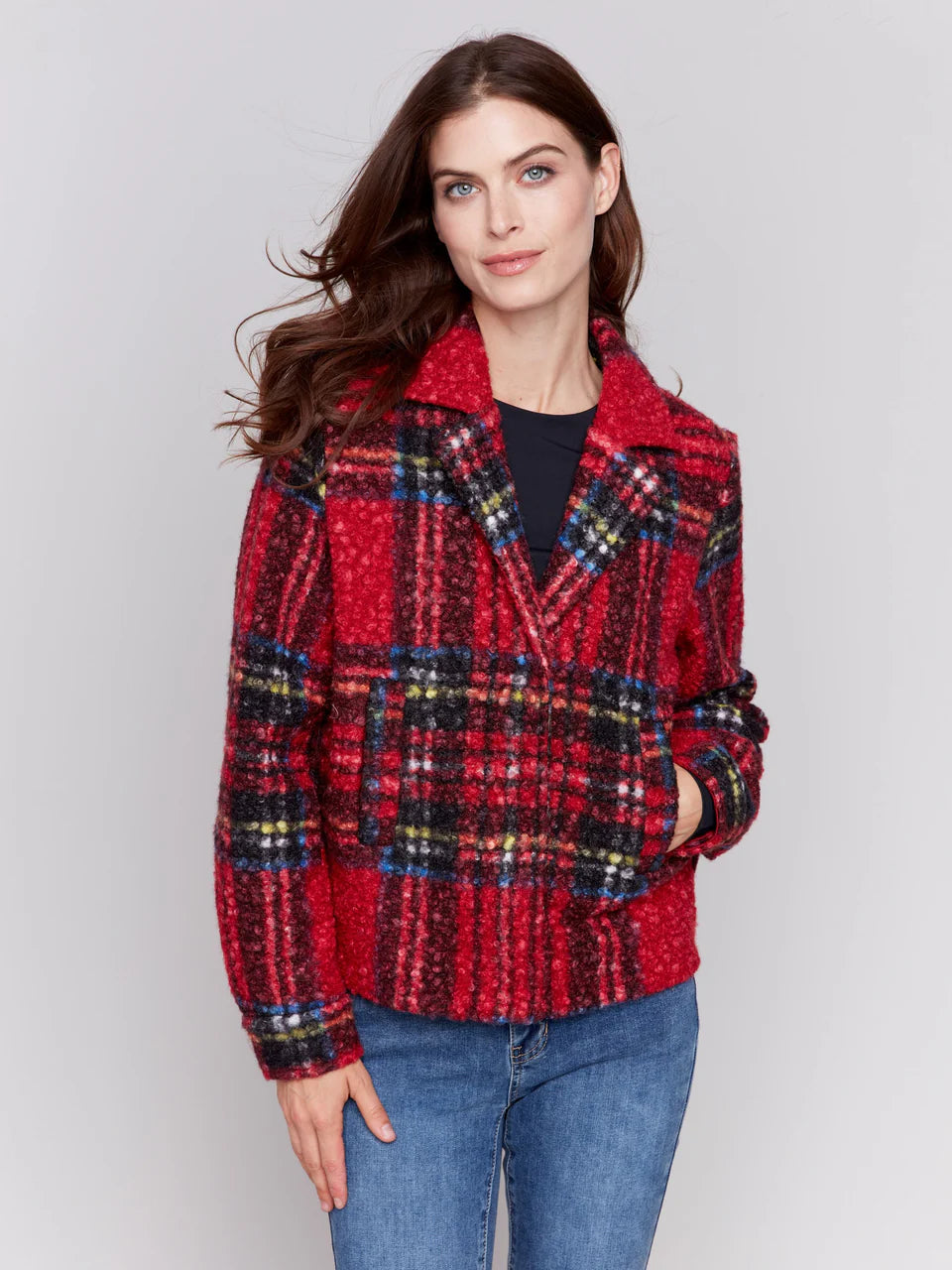 Charlie B Plaid Bouclé Knit Short Coat