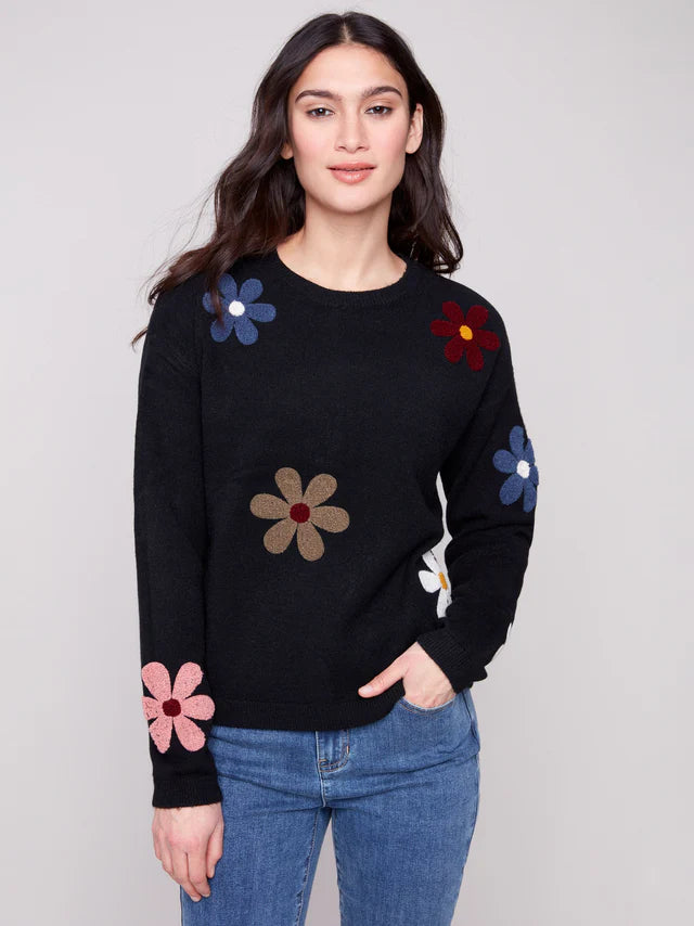 Charlie B Super Plush Sweater With Boucle Flowers