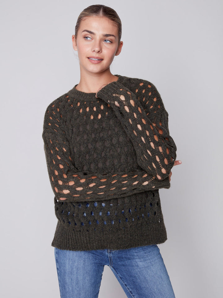 Charlie B Crew-Neck Opened Stitch Cable Knit Plushy Sweater