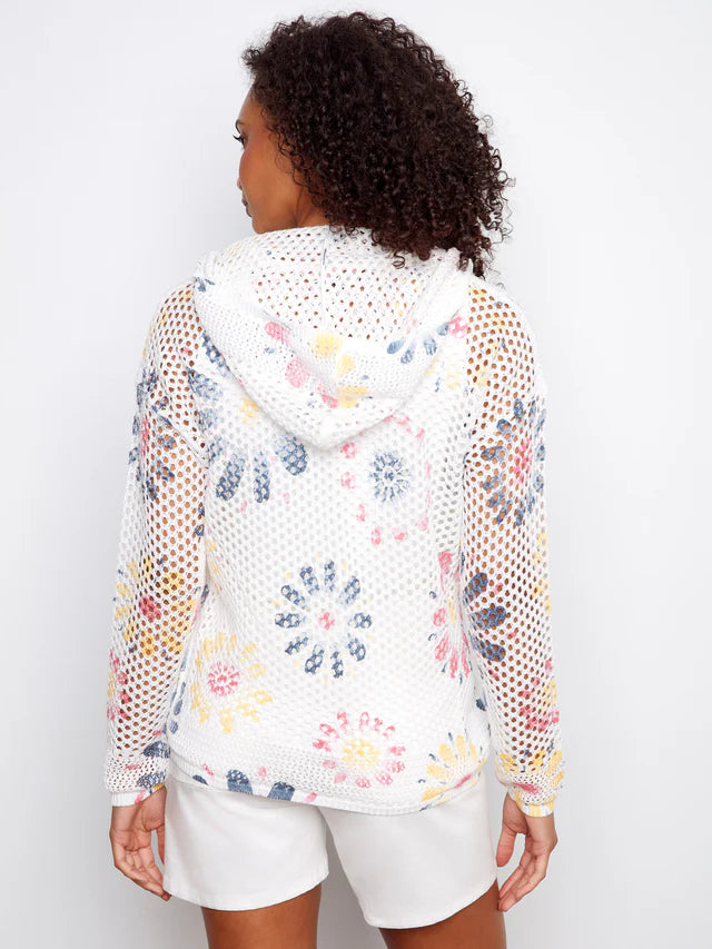 Charlie B Printed Fishnet Crochet Hoodie Sweater