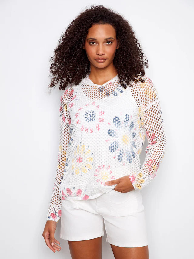 Charlie B Printed Fishnet Crochet Hoodie Sweater