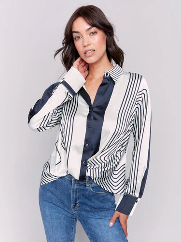 Charlie B Printed Satin Shirt with Front Twist Detail