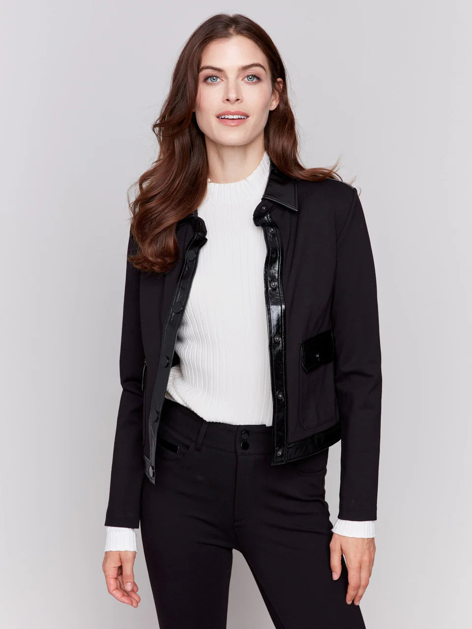 Charlie B Short Ponte Knit Jacket with Vinyl Trim