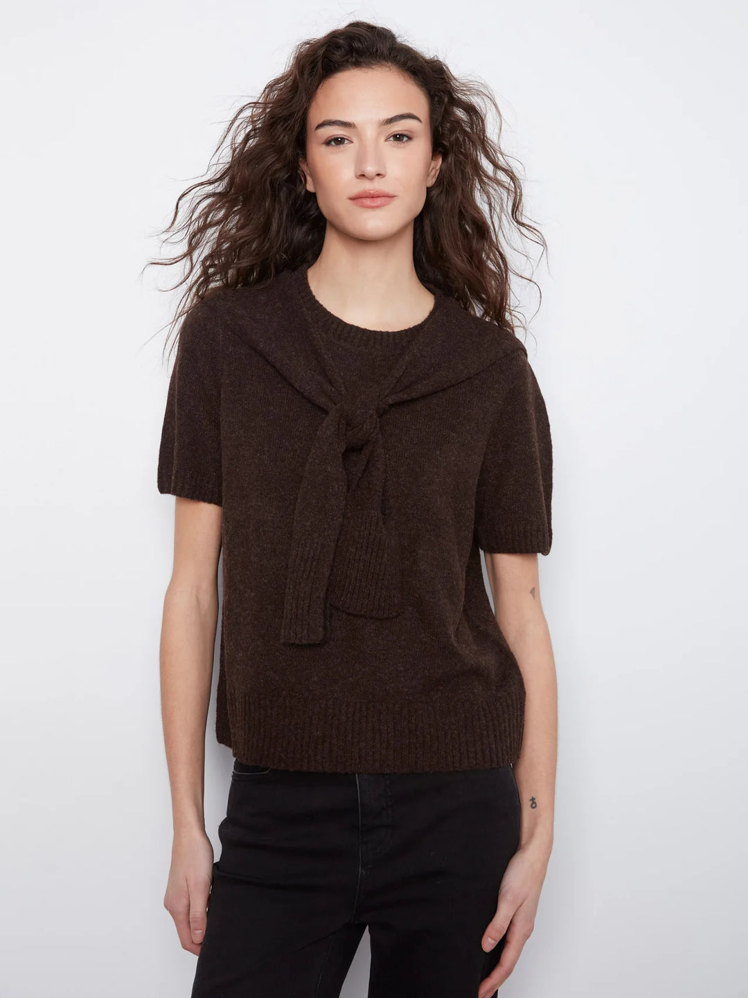 Charlie B Short Sleeve Crew Neck Sweater With Combined Sleeves Detail