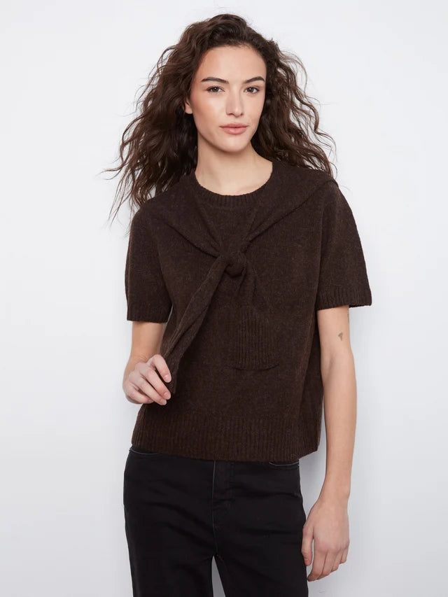 Charlie B Short Sleeve Crew Neck Sweater With Combined Sleeves Detail
