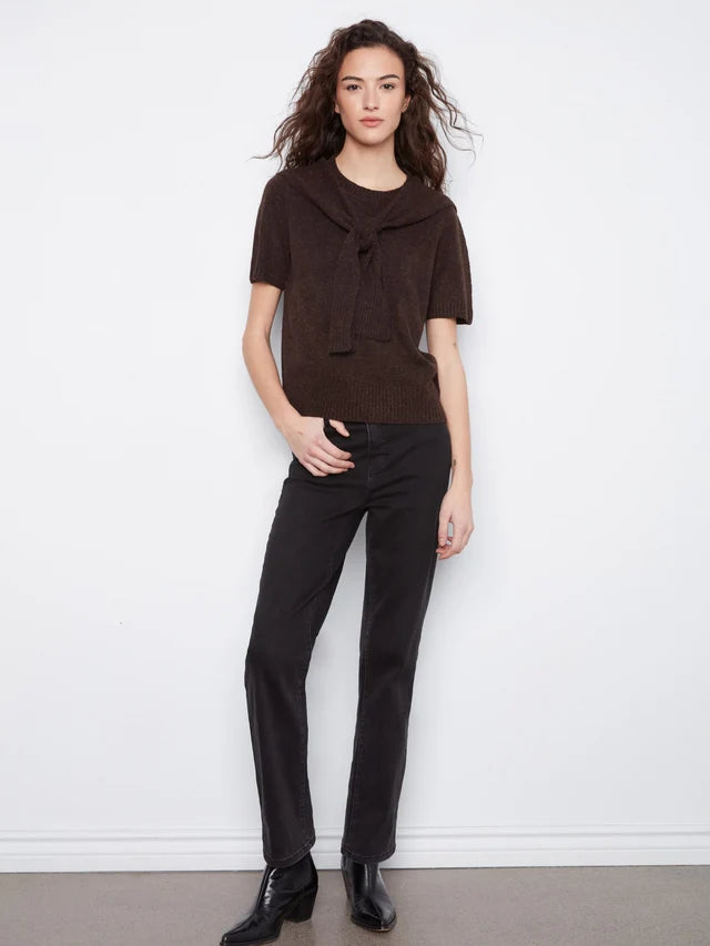 Charlie B Short Sleeve Crew Neck Sweater With Combined Sleeves Detail