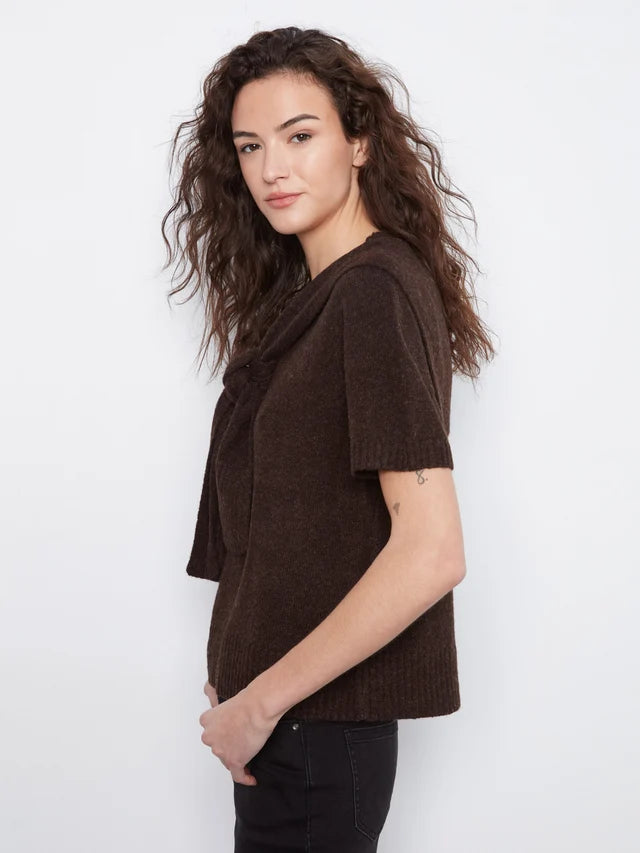 Charlie B Short Sleeve Crew Neck Sweater With Combined Sleeves Detail