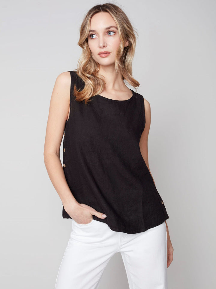 Charlie B Solid Sleeveless Round Neck Linen Blouse With Side Buttons