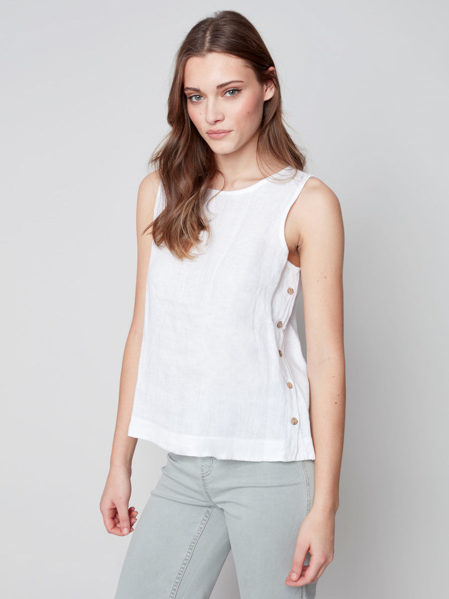 Charlie B Solid Sleeveless Round Neck Linen Blouse With Side Buttons