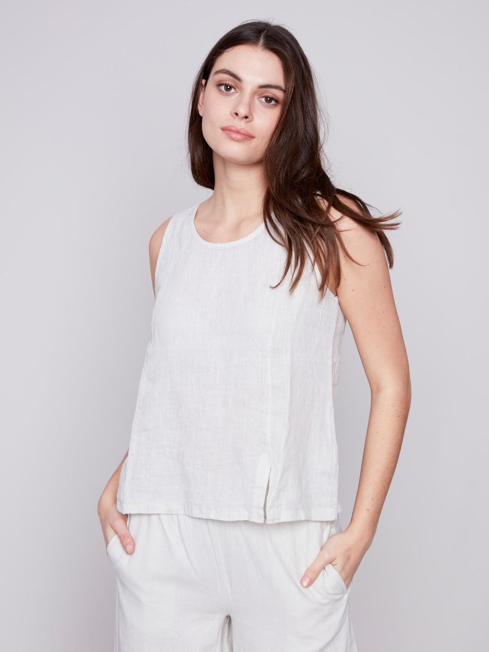 Charlie B Solid Sleeveless Linen Top With Slits
