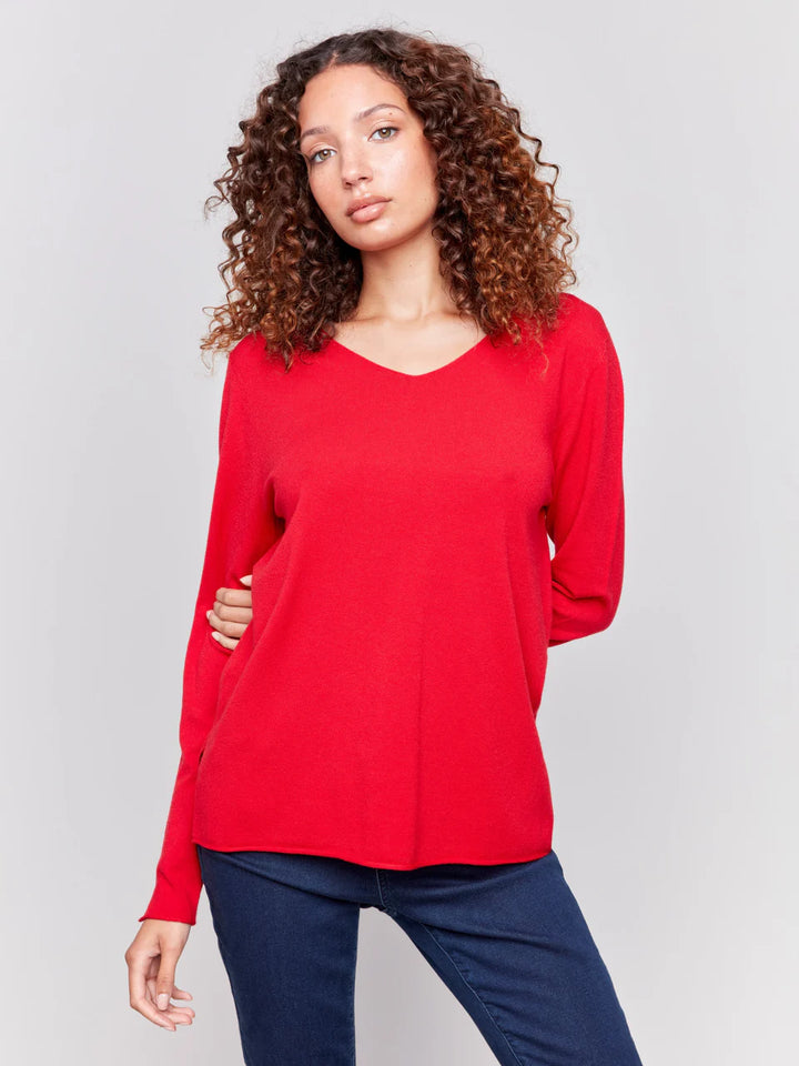 Charlie B Solid Basic Plushy V-Neck Sweater