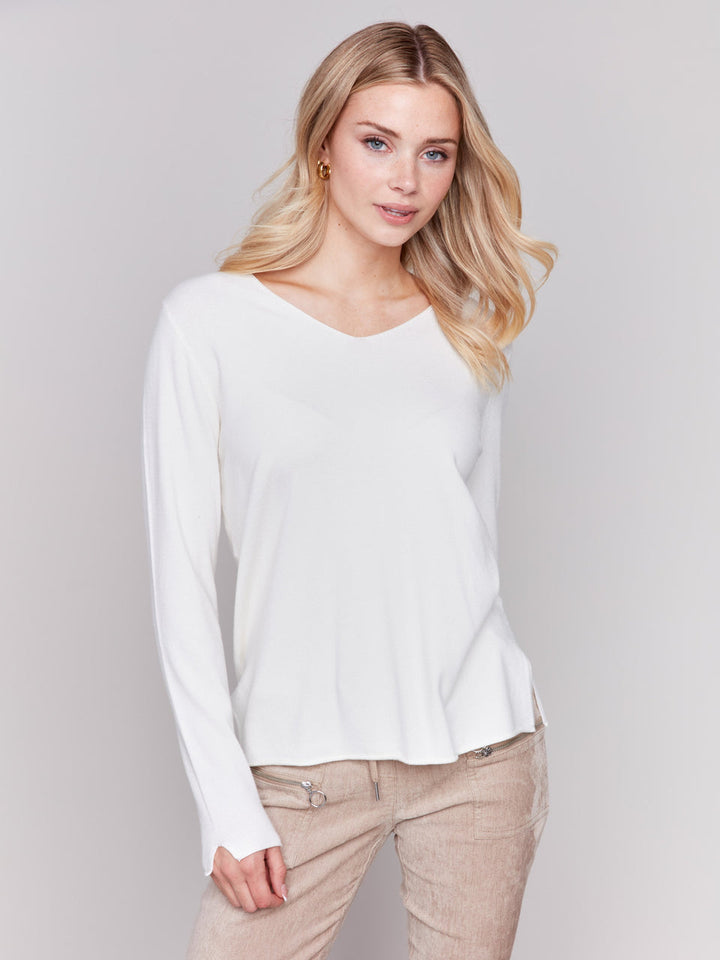 Charlie B V-Neck Long Sleeve Plushy Basic Sweater