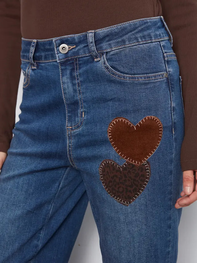Charlie B Straight Leg Pants With Corduroy and Leopard Heart Patches