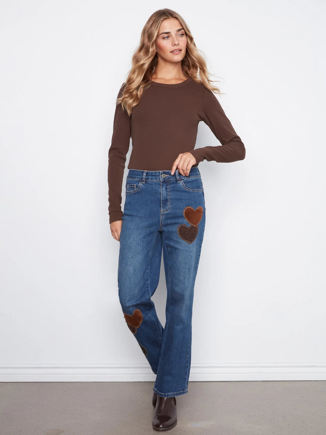 Charlie B Straight Leg Pants With Corduroy and Leopard Heart Patches