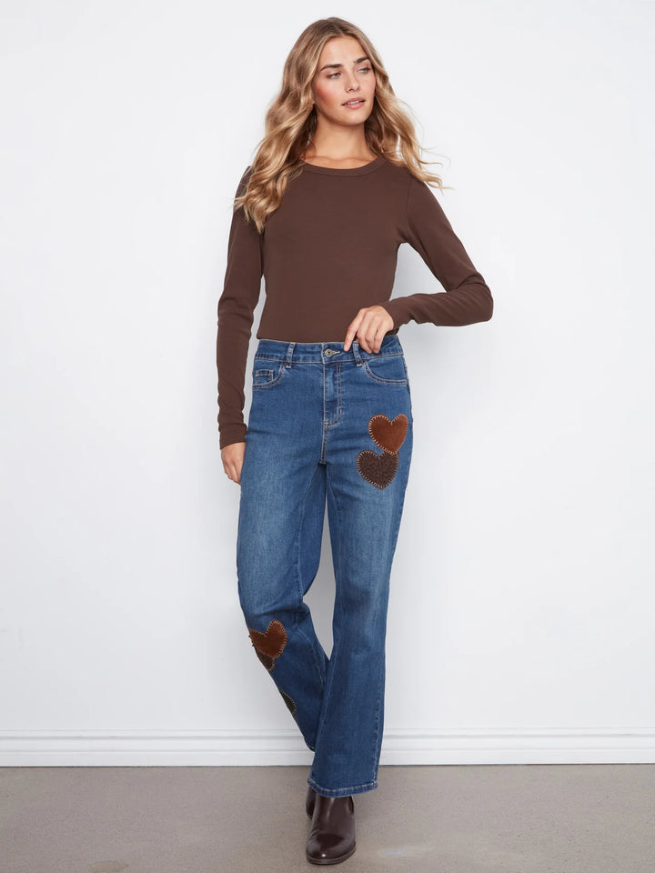 Charlie B Straight Leg Pants With Corduroy and Leopard Heart Patches