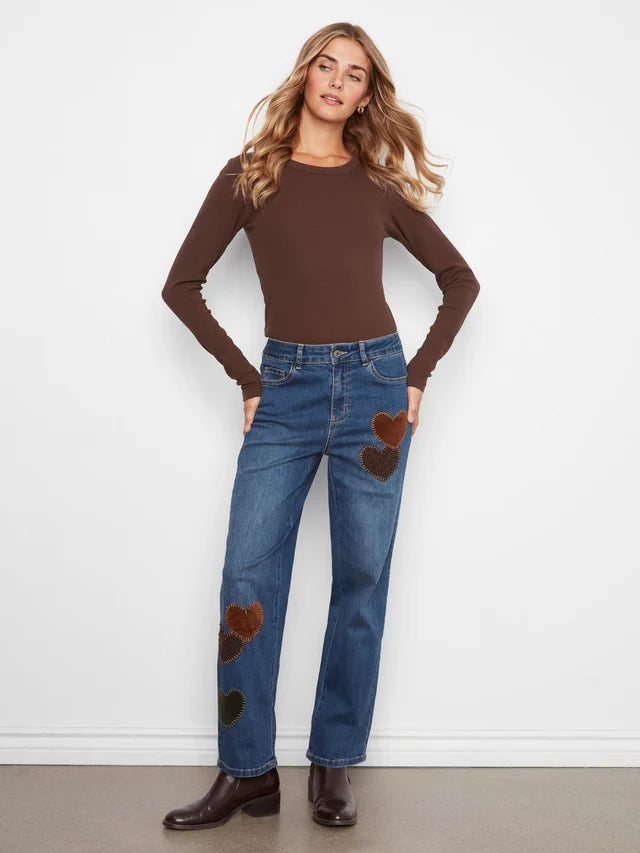Charlie B Straight Leg Pants With Corduroy and Leopard Heart Patches