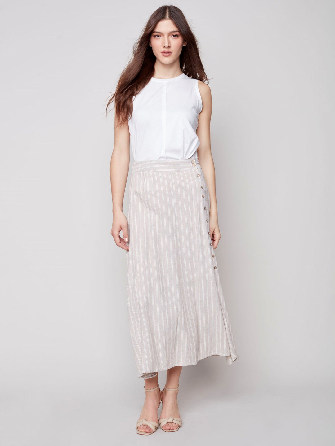 Charlie B Long Striped Linen Skirt With Coconut Buttons Side Placket