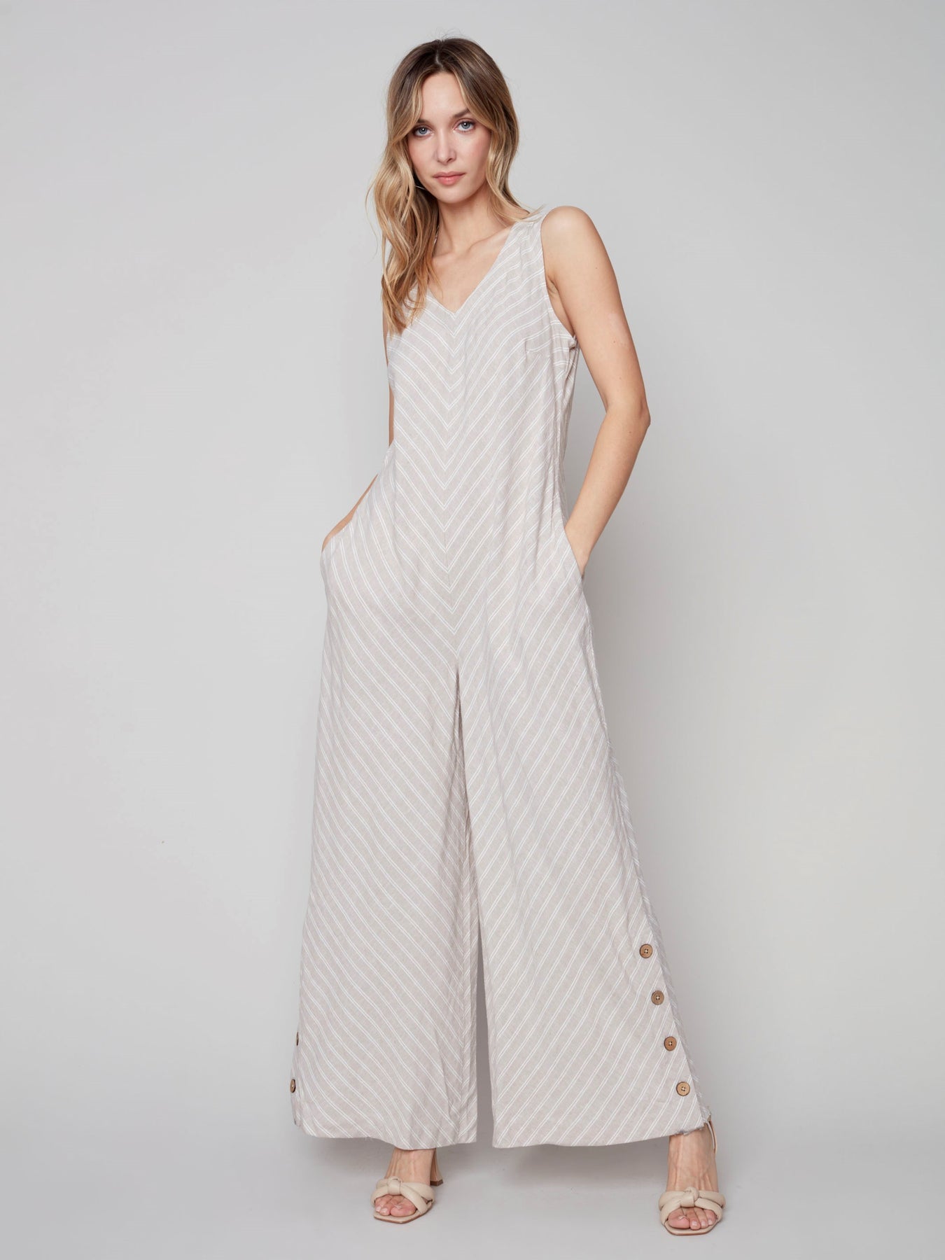 Charlie B Striped Sleeveless V Neck Jumpsuit Buttons Detail On Legs
