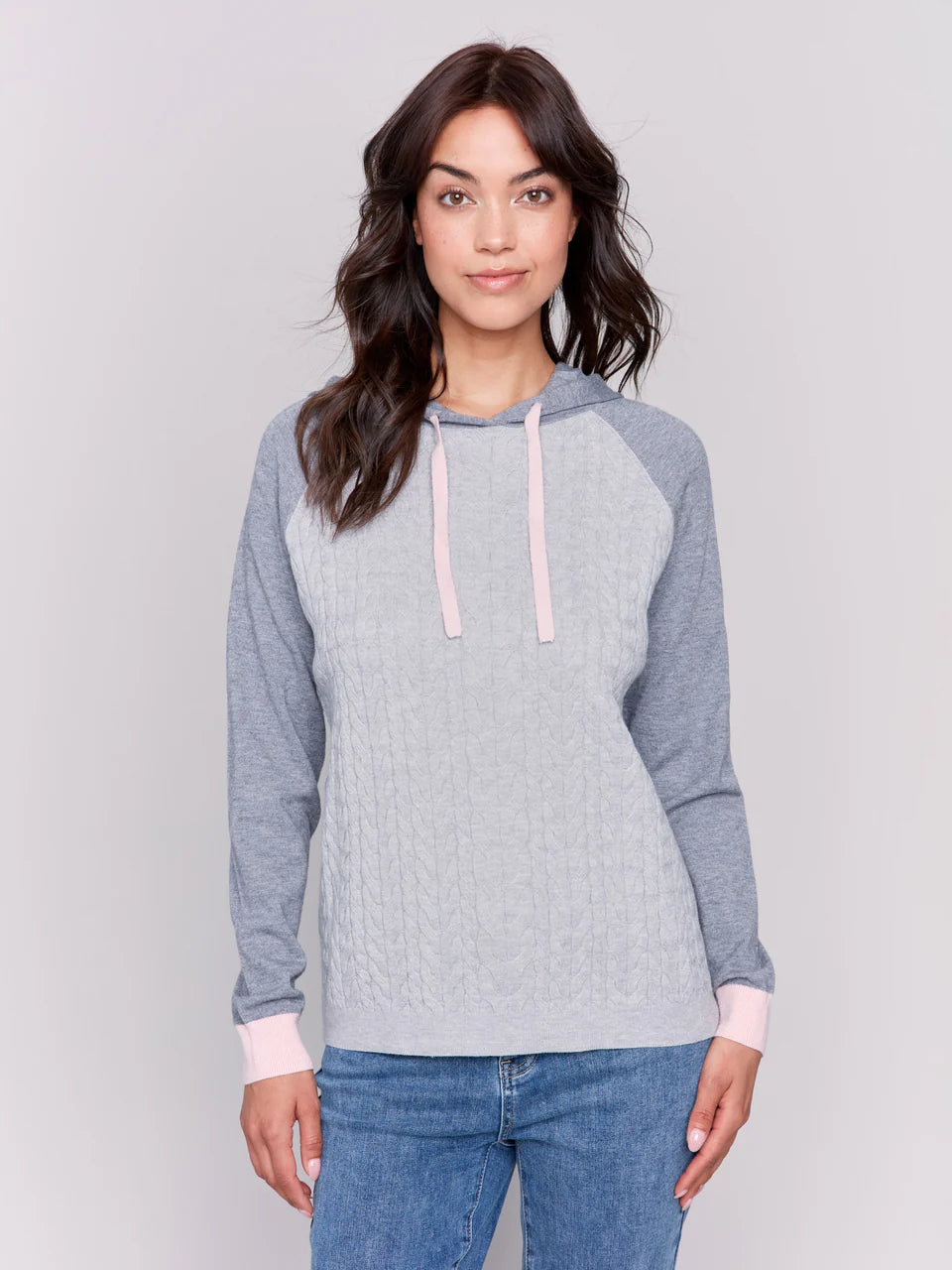 Charlie B Cable Knit Color Block Raglan Hoodie Sweater