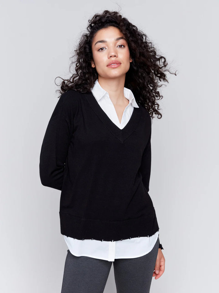 Charlie B V-Neck Fooler Sweater with Shirt Collar