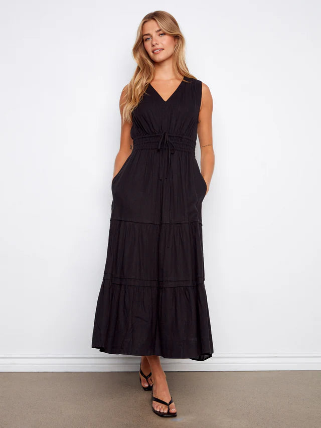 Charlie B V-Neck Tiered Linen Maxi Dress