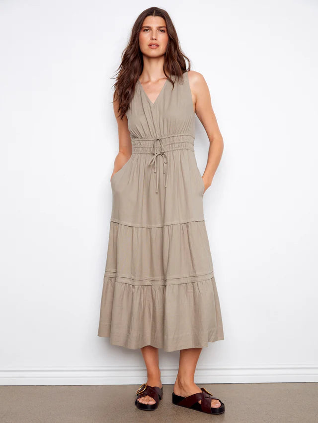 Charlie B V-Neck Tiered Linen Maxi Dress