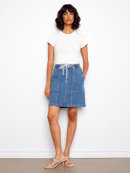 Charlie B Drawstring Denim Skort With Patch Pockets
