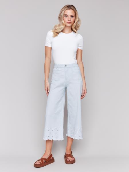 Charlie B Wide Leg Pant with Scallop Embroidered Hem