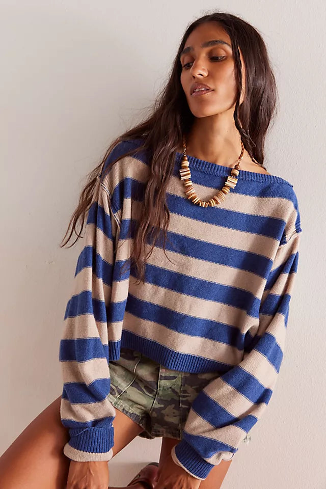 Free People WTF into the Blue Pullover Sweater