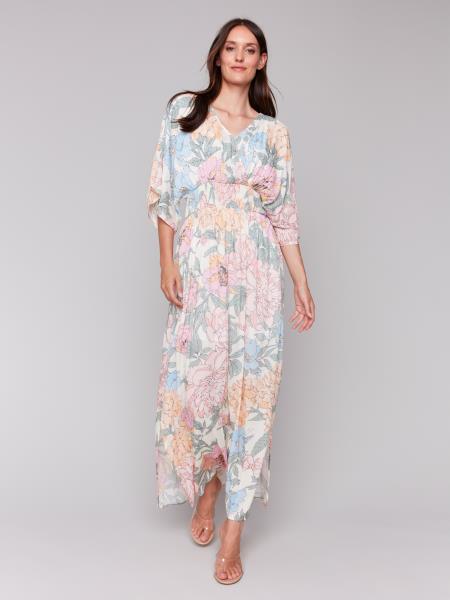Charlie B Printed Dolman Short Sleeve Maxi Dress with Side Slits