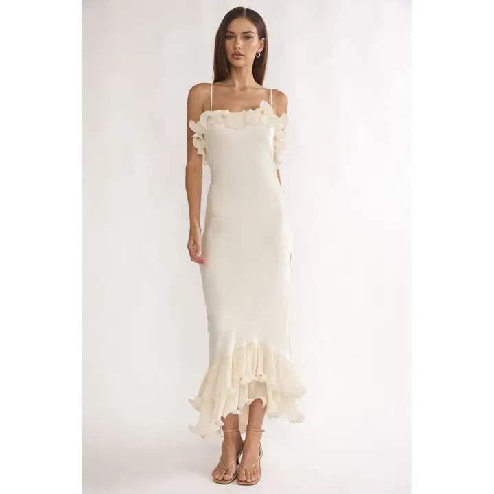 One & Only Asymmetrical Off Shoulder Ruffles Midi Dress