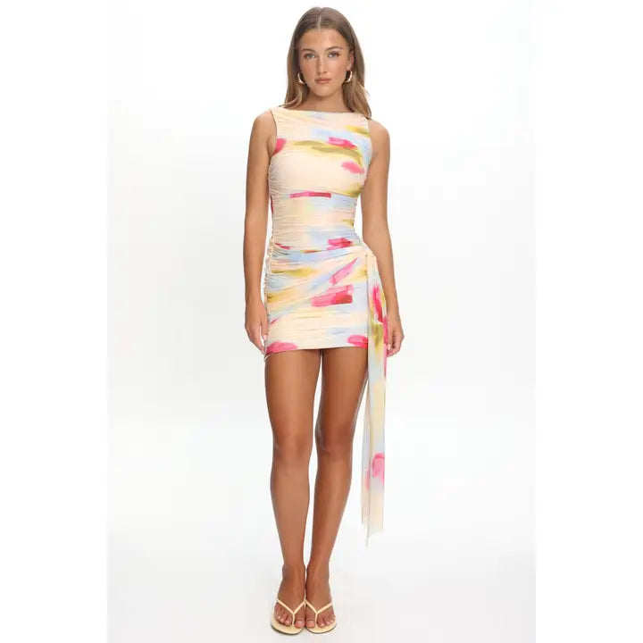 One & Only Sleeveless Boat Neck Ruched Mini Dress