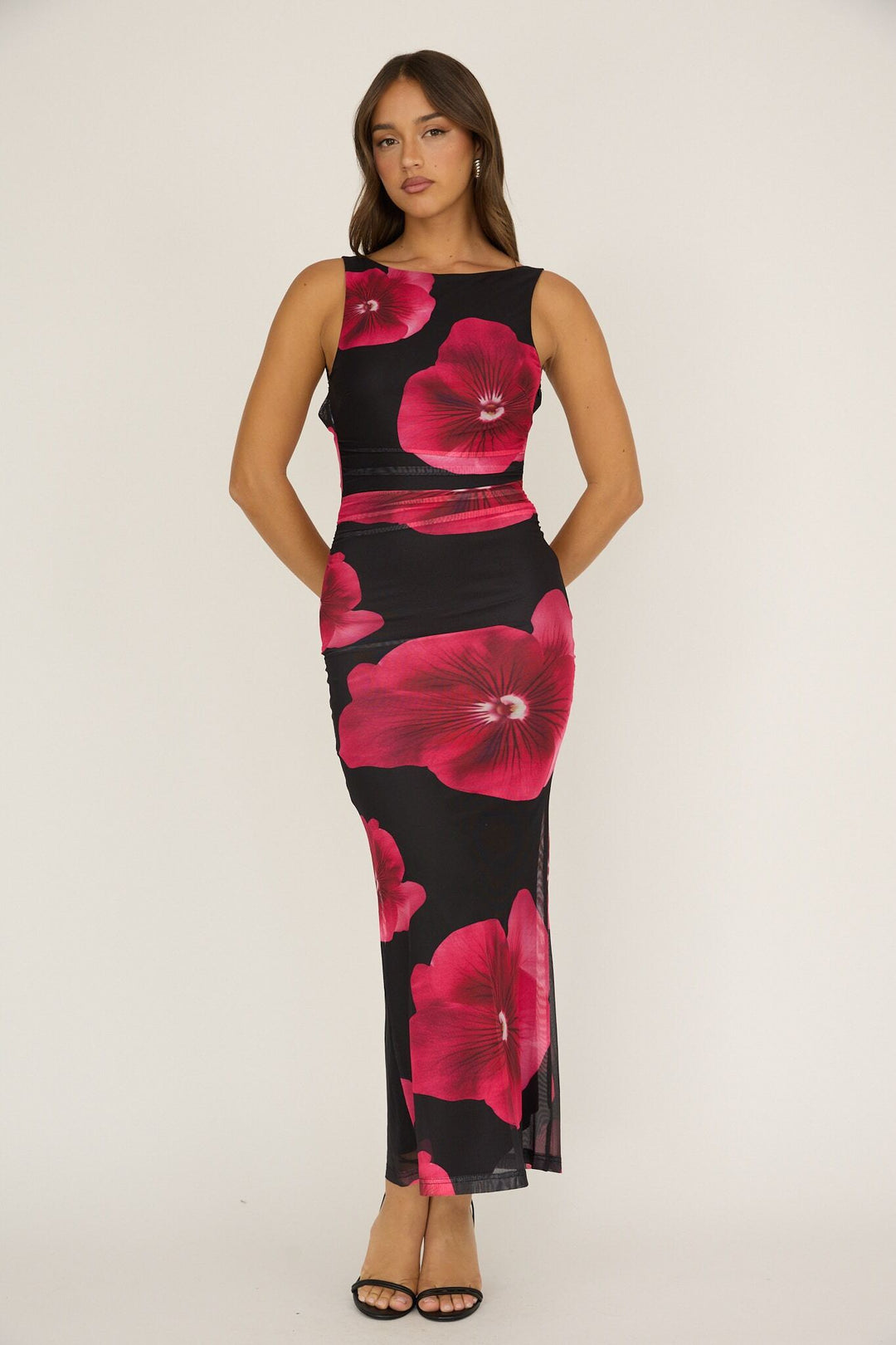 red floral ruched dress Stole The Show Ruched Mesh Maxi Dress Floral Red