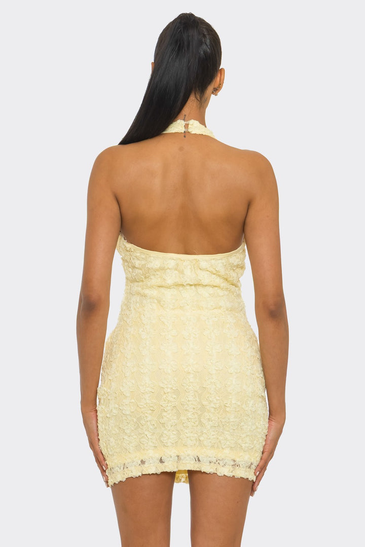 Spring Haze Flower Texture Lace Halter Mini Dress