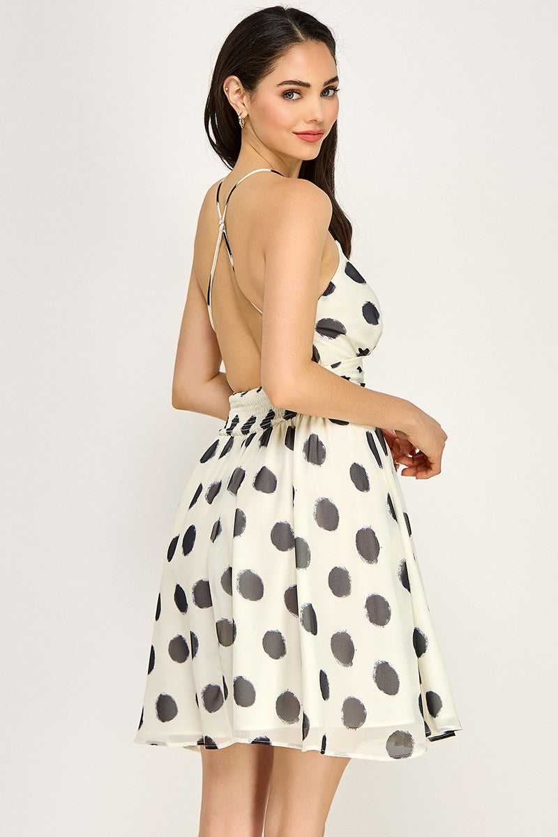 Spring Haze Woven Polka Dot A-line Mini Dress Ivory/Black / M