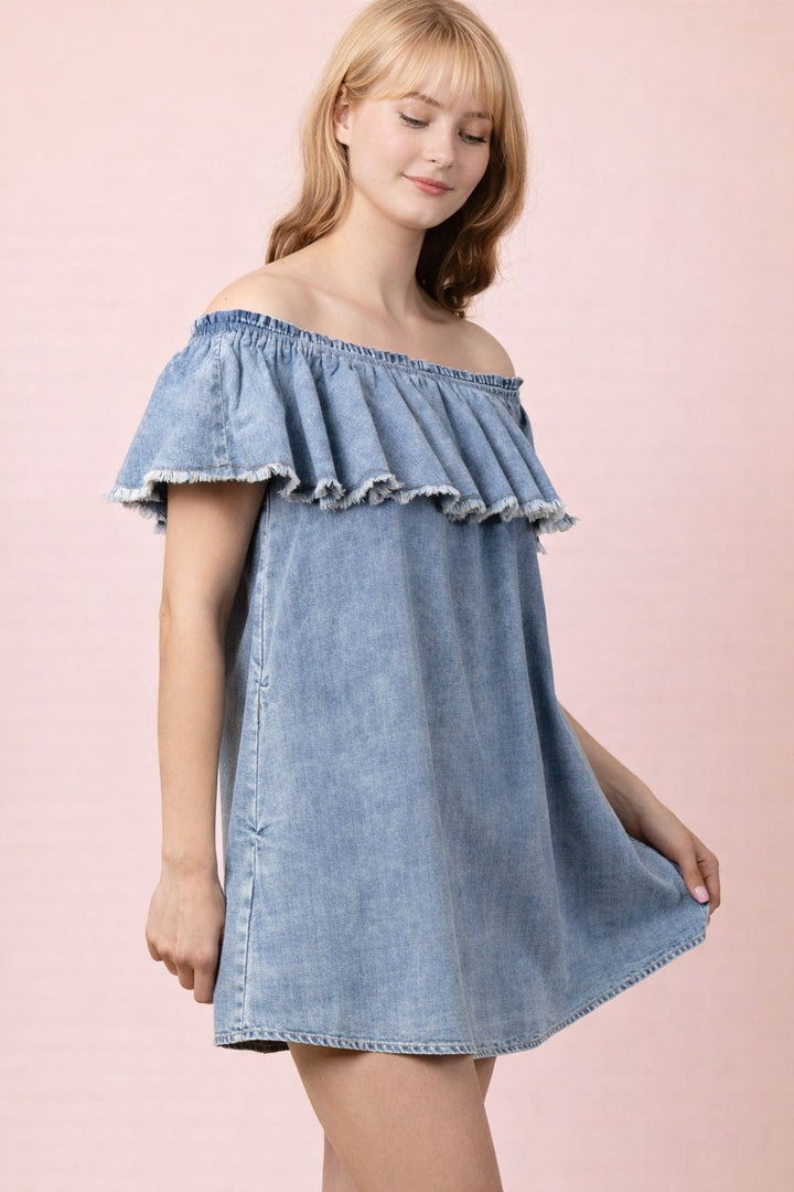 Very J Off-The-Shoulder Chambray Mini Dress
